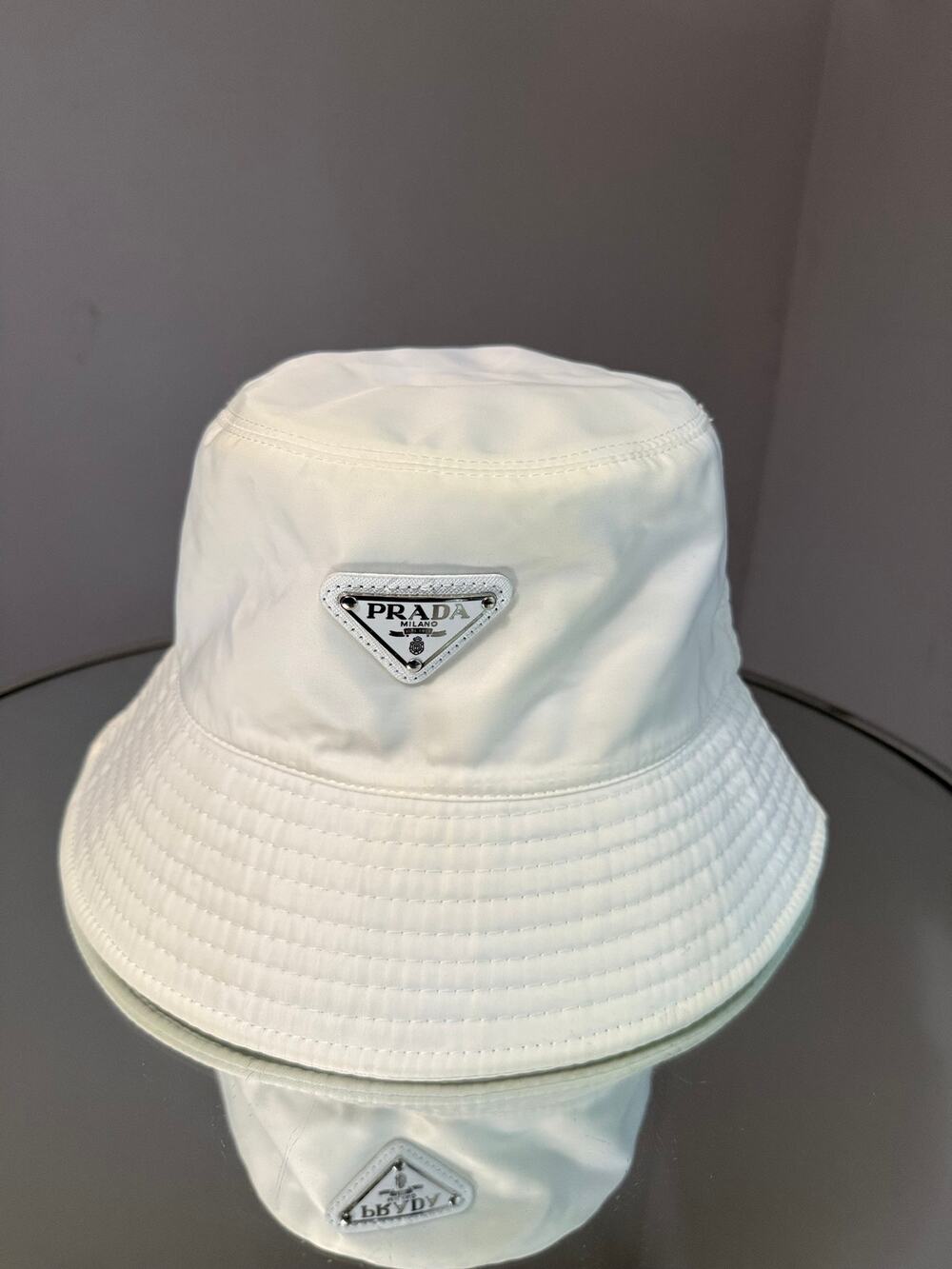 Prada Bucket Hat White w/ Enamel Triangle Logo (Unisex)